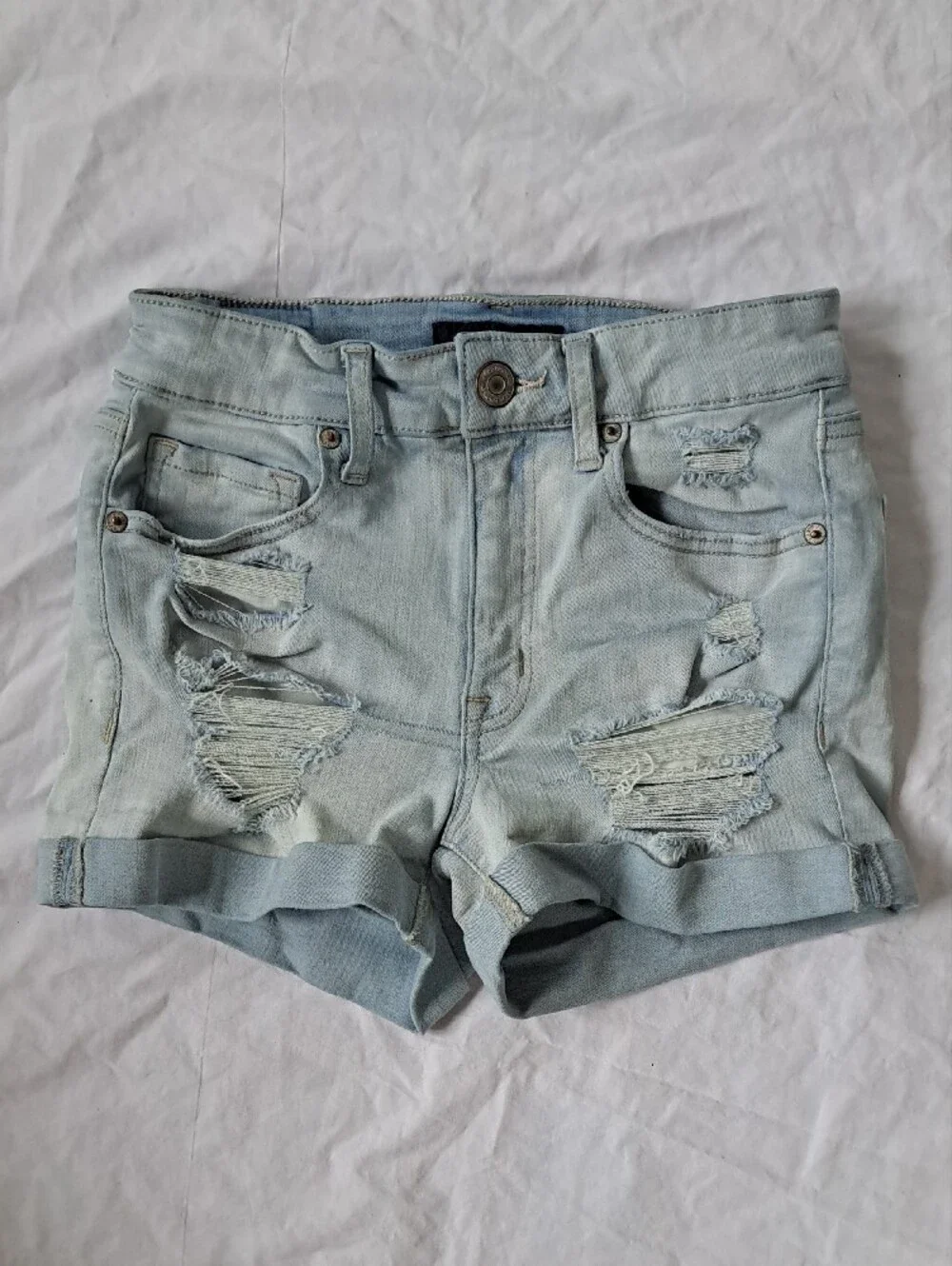 Aeropostale High Rise Midi Light Blue Denim Shorts Distressed Roll Hem Thrash 2